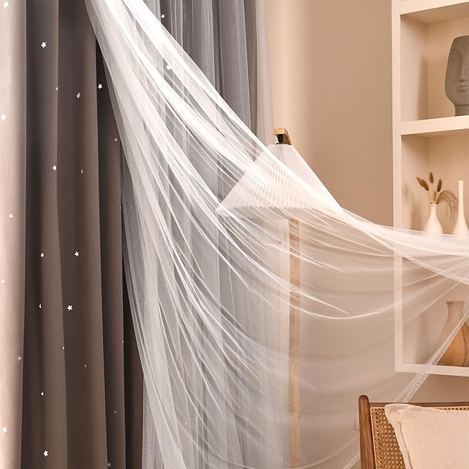 Kinryb Kids Blackout Curtains for Bedroom/Living Room/Classroom, Sheer Overlay 2 Free Tiebacks, Double Layer Curtains with Star Cutout for Kids Room(Each Piece W 70 x L 84 Inches 2 Pcs Coffe)