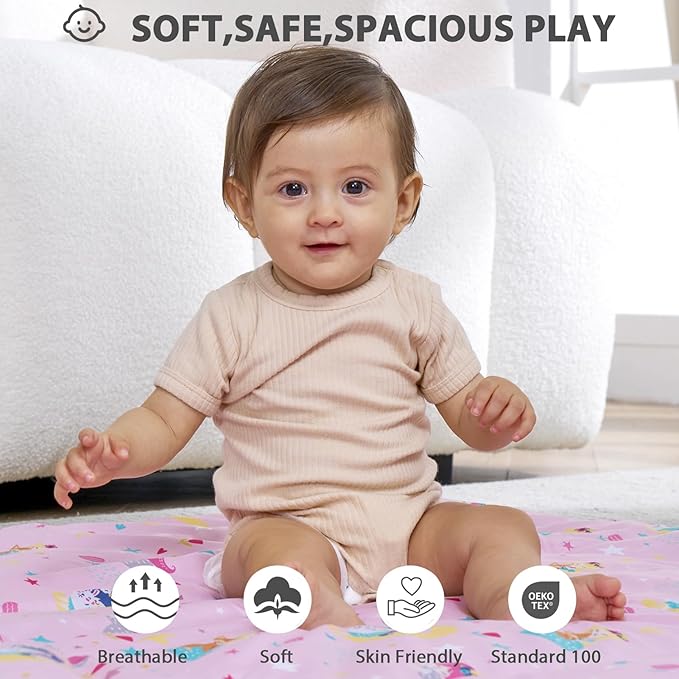 Little Grape Land Baby Mat for Floor 71x59 Soft Padded Playpen for Crawling, Tummy Time & Play, Non-Slip, Machine Washable Fairy mat for Infants & Toddlers, Foldable Outdoor Mat with Handle