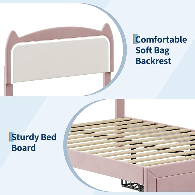 Garvee Full Upholstered LED Bed Frame with Storage Drawer & Cute Cat Headboard, Velvet Princess Platform Bed Frame with Sturdy Wood Slats Support for Girls/Kids, No Box Spring Needed, Pink