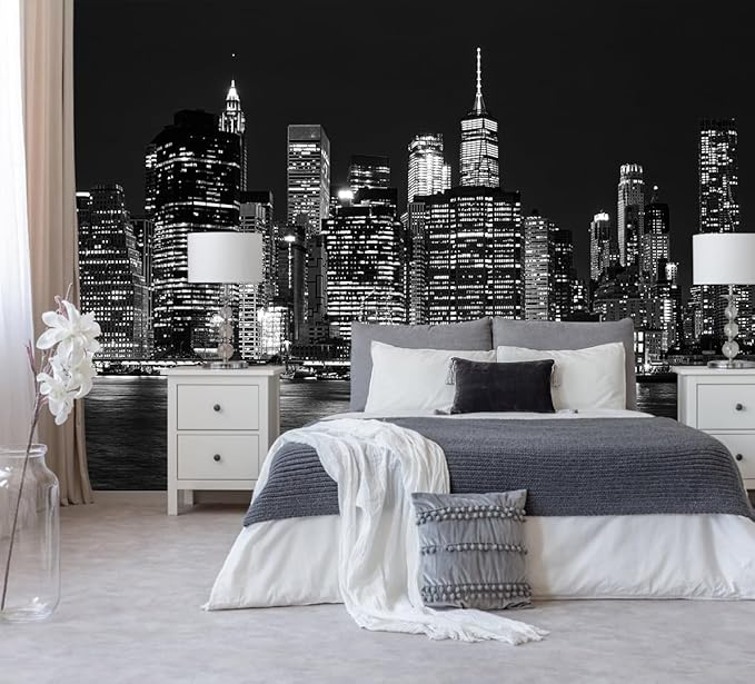 Black City Wallpaper Peel and Stick New York Night Scene Self Adhesive Wall Mural for Living Room Bedroom 82"x57"