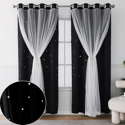 Blackout Curtains with Sheer Overlay - Cute Star Cutout Black Curtain for Teen Girl Bedroom Decor, 96 Inches Long 2 Panels, Aesthetic Double Layer Living Room Divider Drapes