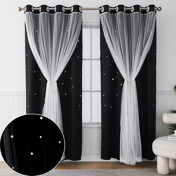Black Blackout Curtains with Sheer Overlay - Aesthetic Star Cutout Curtain for Teen Girl Bedroom Decor, Floor to Ceiling 102 Inches Long 2 Panels, Double Layer Room Divider Drapes