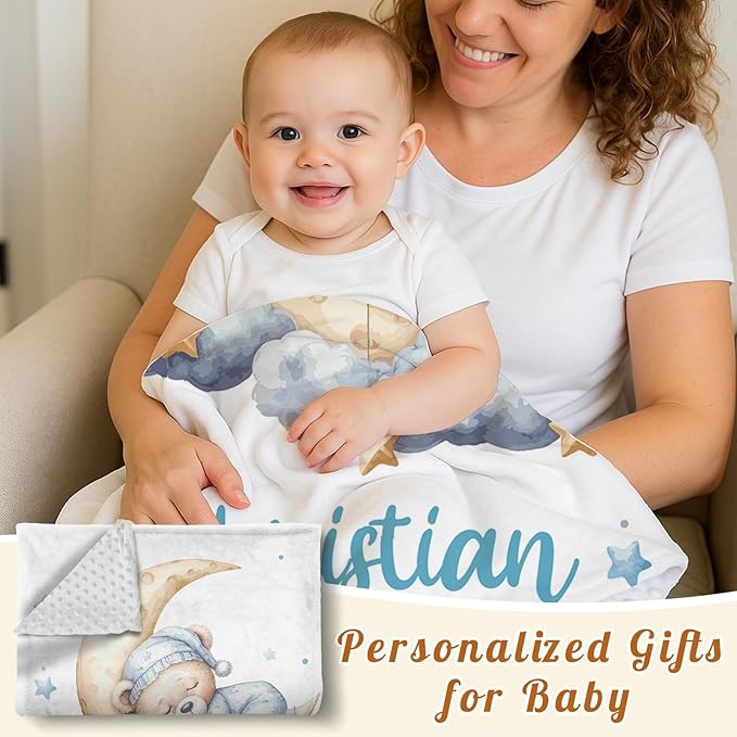 Personalized Baby Blanket with Name, Customized Blanket for Newborn Boys Girls, Sleepy Bear Theme Baby Name Blanket with Dotted Backing, Receiving Swaddle, Baby Shower Birthday Gifts(47" x60)