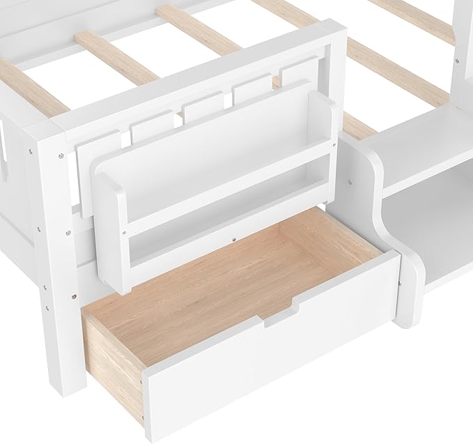 Bellemave Twin Size Kids Bed with high Rails and with Built-in Bookshelf and Drawers for Kids, Girls, Boys, Wood Montessori Bed Without Door, White