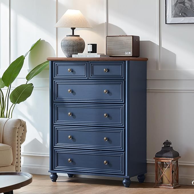 Farmhouse 6 Drawer Dresser, Blue Chest of Drawers, 43.5" Tall Dressers for Bedroom with Roman Column and Metal Handles, Rustic Wood Storage Organizer for Living Room, Hallway, Closet