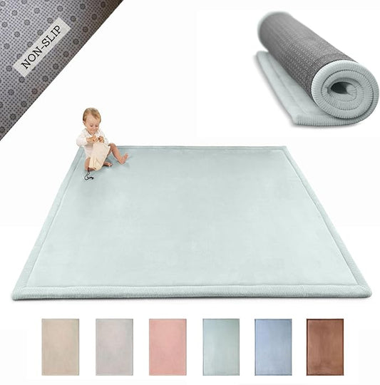 Stylish Coral Velvet Baby Play Mat for Floor 60" x 80" Green – Soft 1" Thick High-Density Memory Foam Nursery Rug,Kids Rug with Non-Slip Backing for Crawling & Playing, Playroom Rug, Kids Carpet