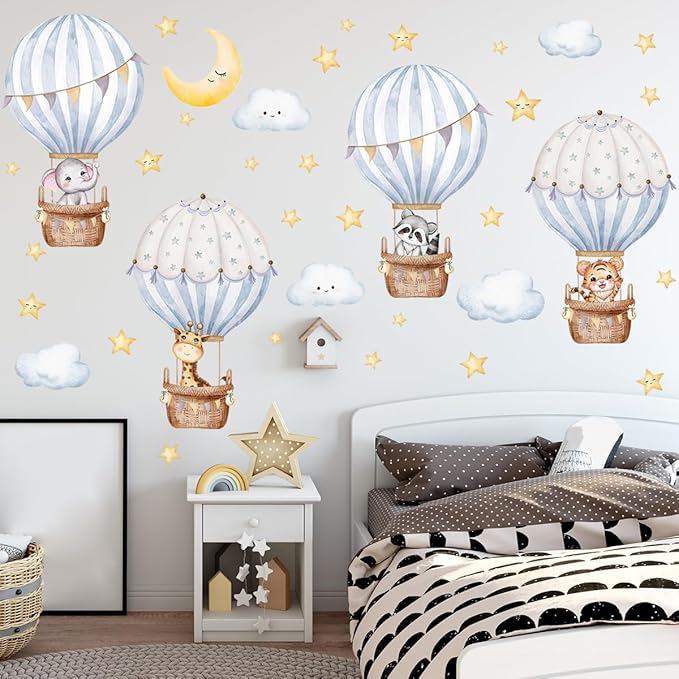 Hot Air Balloon Wall Decal，Animals Hot Air Balloon Wall Decals，Balloons Elephant Wall Stickers，White Cloud Wall Decoration Baby Nursery Girls Bedroom Toddler Room Wall Decor