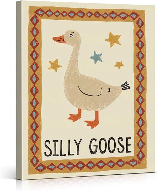 Vintage Silly Goose Wall Art Print, Cute Goose Poster Picture Artwork for Home Living Room Kids Room Nursery Wall Decor 8x10 Canvas Framed