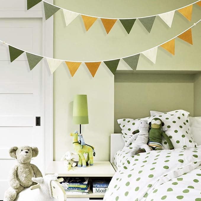 2 Sets of Sage Green Yellow Nursery Garland 24Pcs Fabric Linen Pennant Banner Flags Triangle Streamers for Baby Playroom Decor Kids Jungle Woodland Camper Birthday Baby Shower Boho Party Decorations