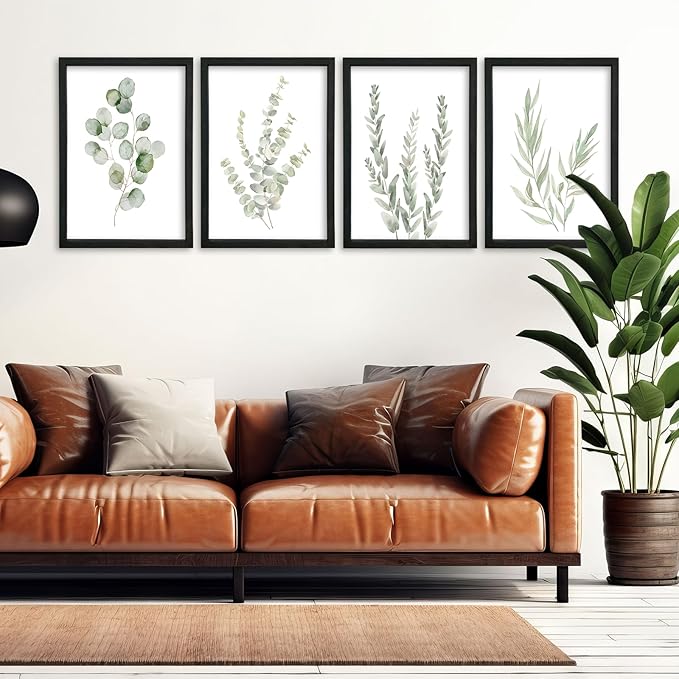 YWJKWLGS Botanical Watercolor Prints Sign Sage Green Eucalyptus Wall Decor 11x16 Inch Set of 4 Minimalist Wood Framed for Bathroom Laundry Room Office Wall Hanging Art (Black)