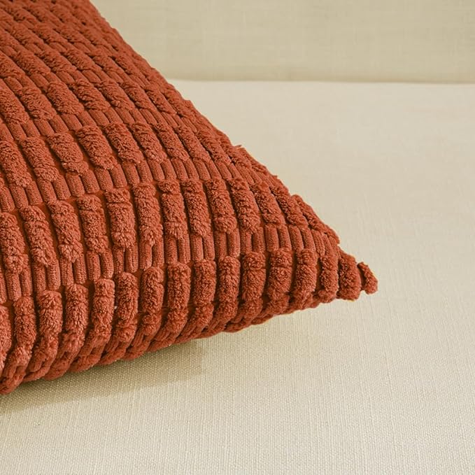 Fancy Homi 2 Packs Fall Burnt Orange Decorative Throw Pillow Covers 14x14 Inch for Living Room Couch Bed Sofa, Soft Striped Corduroy Square Cushion Case 35x35 cm, Rustic Farmhouse Boho Home Decor