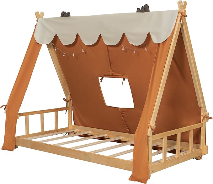 Twin House Bed for Kids with Light and Tent, Montessori Floor Bed Twin for Kids Girls Boys Teens Bedroom, Brown