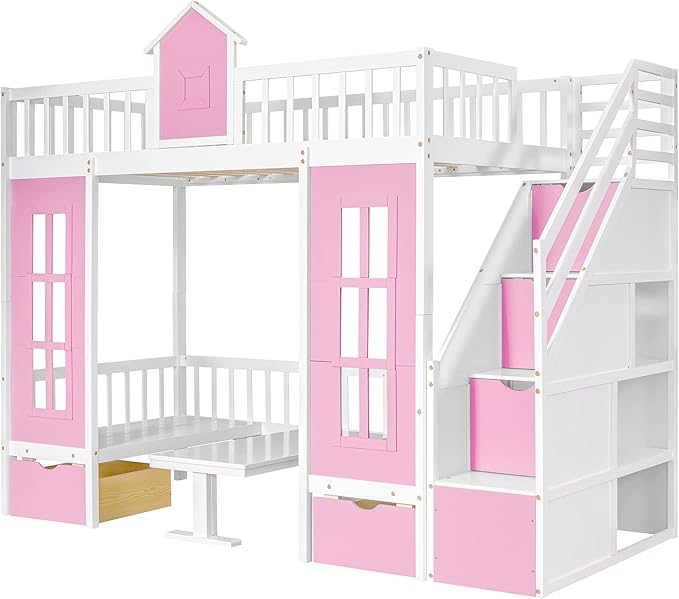 Twin Over Twin Castle House Loft Bed with Stairs and Storage Drawers,Solid Wood Princess Convertible Bunk Bed with Desk and Seat (Pink (Convertible))