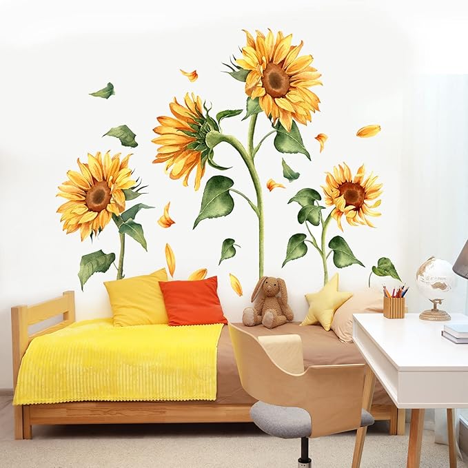 Vintage Sunflower Wall Decal Garden Floral Wall Sticker Yellow Flower with Green Leaves Wall Decals Peel and Stick Wall Stickers Aesthetics Decor for Living Room Bedroom