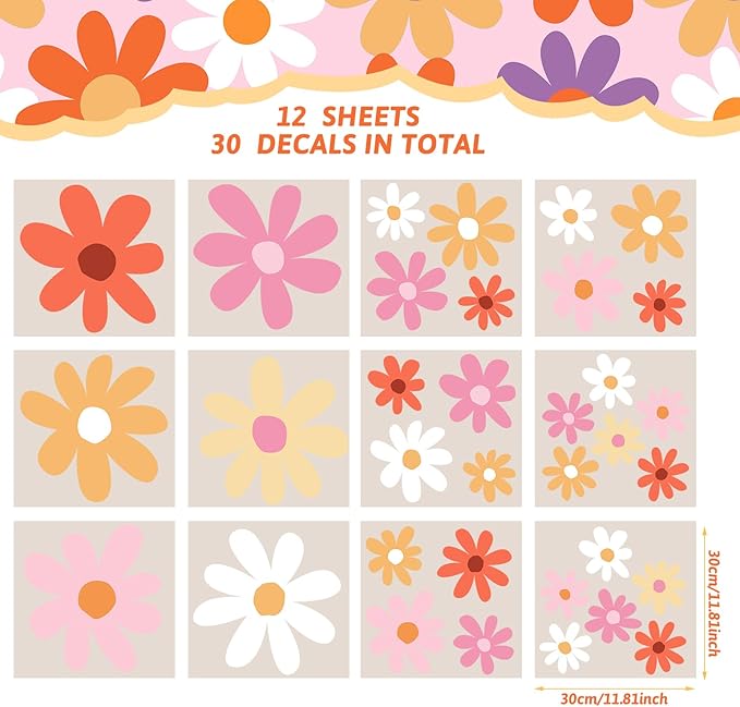TaoBary 12 Sheets Daisy Wall Decal Flower Wall Sticker Cute Daisy Sticker Pink White Flower Decal Peel and Stick Floral Wallpaper for Nursery Bedroom Home Decor(Orange,Lovely Style)