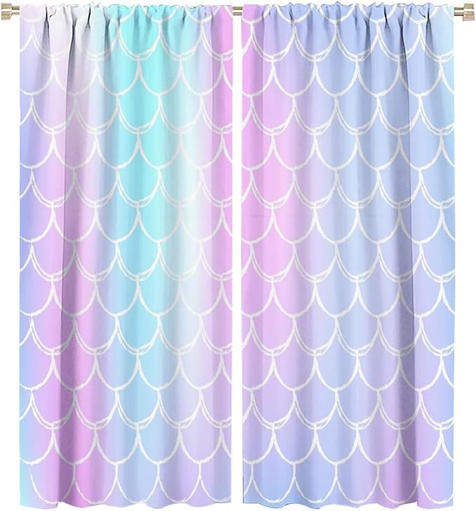 Fantasy Mermaid Curtain Rainbow Mermaid Scales Purple Pink Blue Ocean Theme Dream Blackout Window Treatment for Kids Boys Girls Bedroom Nursery Room Decor Rod Pocket Window Drapes 55x63in