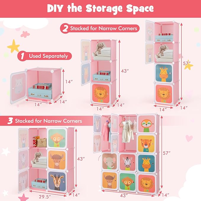 HONEY JOY Kids Wardrobe Closet, Baby Cartoon Clothes Storage Organizer, 12 Cubes & 2 Hanging Sections, Portable Children DIY Modular Bedroom Armoire Dresser Cabinet for Boys Girls (Pink)