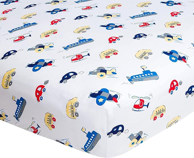 Frenchie Mini Couture, Cars, Boats, Planes Single Pack Fitted Crib Sheet – 100% Cotton, 28 x 52 x 8in