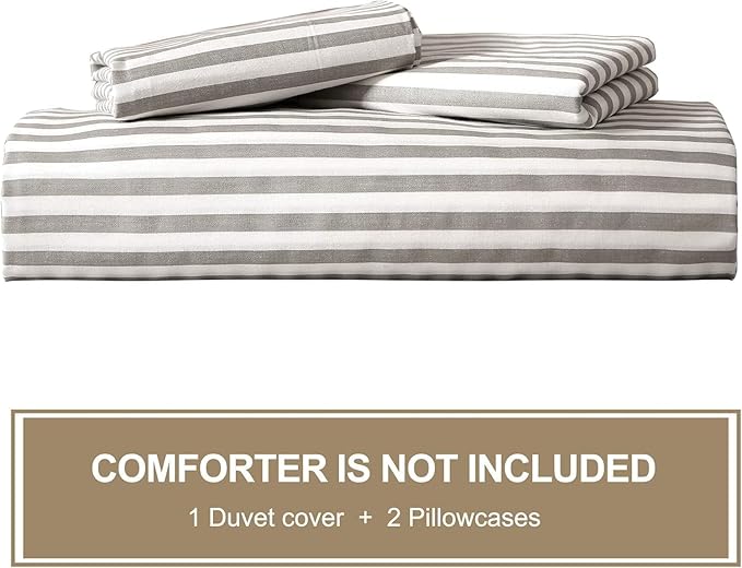 JELLYMONI Duvet Cover, 100% Natural Cotton, Printed Comforter Cover with Zipper Closure and Corner Ties (Oversized King Plus 128×120 Inch, White Duvet Cover Set with Grey Stripes Pattern)