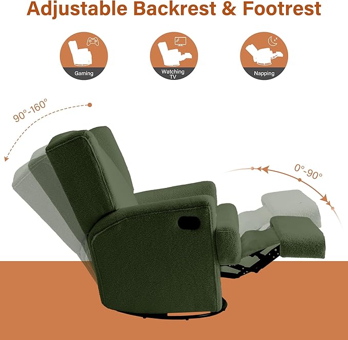 UIXE Swivel Glider Recliner Chairs Set of 2, Boucle High Back Accent Chair Nursery Rocker for Living Room, Upholstered Manual Reclining Sofa Seating with Deep Seat - Green