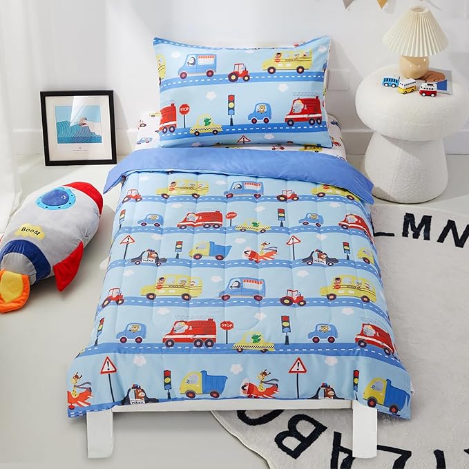 PINNKKU 4-Piece Toddler Bedding Set, Includes 1 Flat Sheet, 1 Fitted Sheet, 1 Comforter and 1 Reversible Pillowcase, Standard Toddler Comforter & Sheet Set, Ultra Soft Toddler Bed Set, Cars & Road