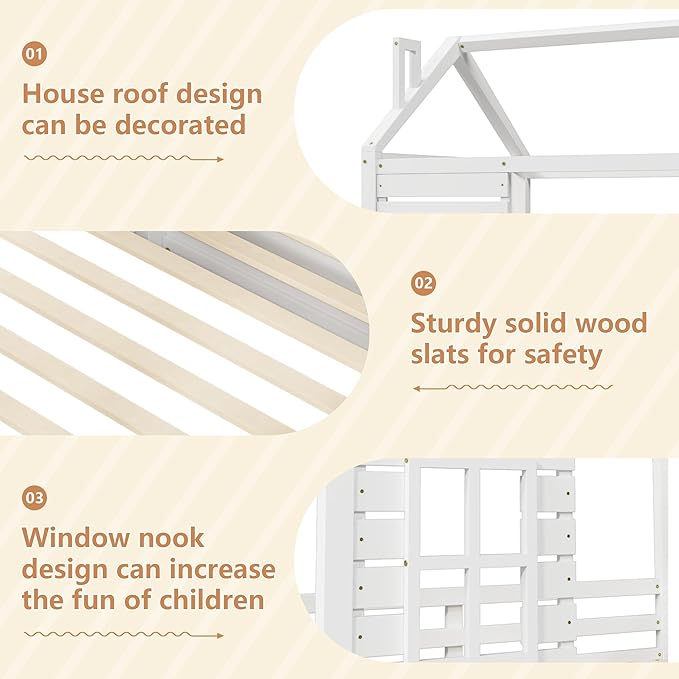 Twin Size Kids House Bed with 2 Storage Drawers, Twin House Bed Frame with Roof and Window, Twin Bed Frames for Kids with Slats, Modern Wooden Montessori Bed for Bedroom, White