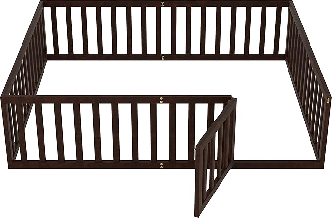 Merax Queen Floor Bed with Safety Guardrails and Door, Wood Montessori Floor Bed Frame for Kids, Queen Playhouse Bed Frame for Baby Girls and Boys, Walnut