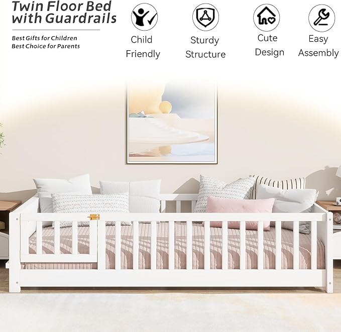 Twin Toddler Floor Bed with High Rails, Wooden Montessori Bed Frame with Door & Built-in Book Rack, Twin Size Bed Frame for Kids, Boys and Girls, White