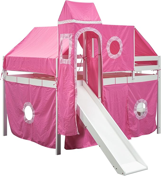 Playhouse Full Size Low Loft Bed with Slide & Tent and Tower, Solid Wood Tent Bed Frame with Storage Staircase for Kids Teens Boys Girls, Versatile Spacious Under Bed Space with Curtains (Pink-TXF)