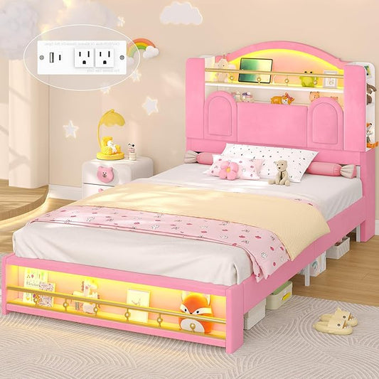 Twin Bed Frames with Storage Headboard,Twin Size Platform Bed for Girls/Kids,Velvet Upholstered Princess Bed Frame Twin,Charging Station&LED Lights,No Box Spring Needed/Noise-Free/Easy Assembly,Pink
