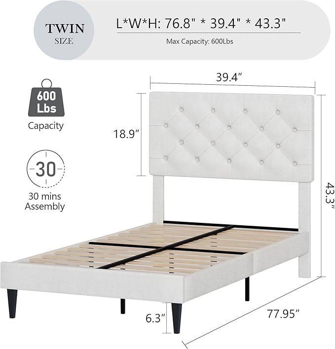 BarnFurin Twin Bed Frame, Upholstered Platform Bed with Button Tufted Headboard, Fabric Bed Frame with Wooden Slats Support, No Box Spring Required, Easy Assembly, White