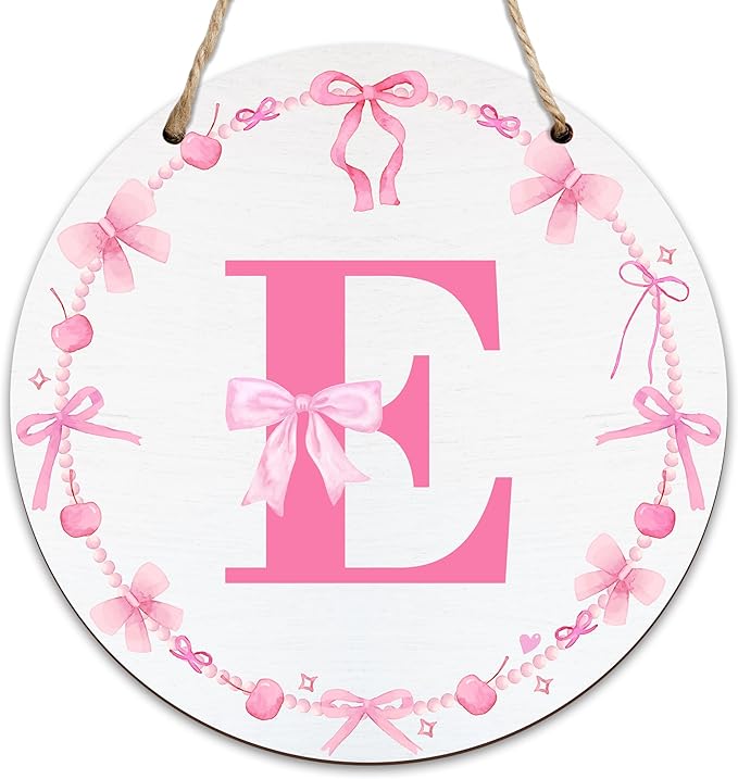 Monogram Round Sign For Front Door, Cherry Bow Theme Sign For Porch Art Wall Door, Initial Signs Hanging Ornament For Indoor Outdoor, Decorations Gifts For Four Seasons Rustic Home Kitchen, E, A05