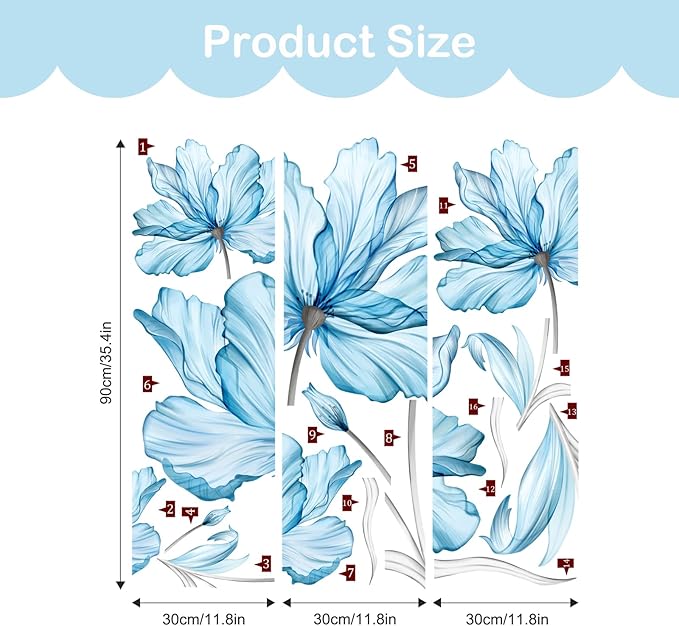 Tanlaby Large Blue Flowers Wall Stickers Transparent Watercolor Floral Wall Decals Peel and Stick Art Decor for Girls Bedroom Living Room Office Sofa Backdrop