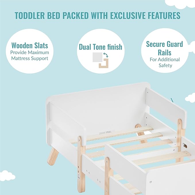 Dream On Me Osko Convertible Toddler Bed Made with Sustainable New Zealand Pinewood in White and Natural, JPMA & Greenguard Gold Certified, Non-Toxic Finish