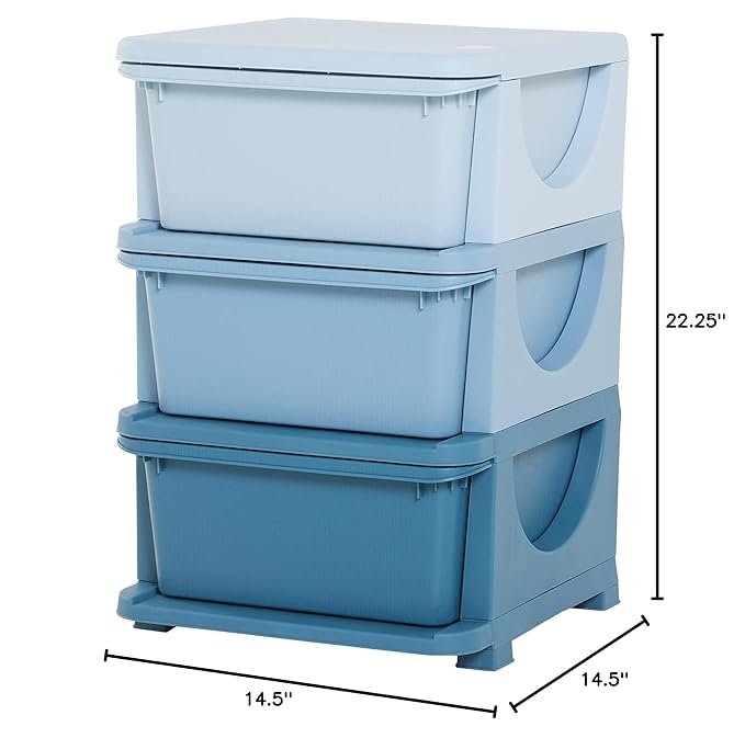 Qaba 3 Tier Kids Storage Unit, 3 Drawer Chest Toy Organizer Plastic Bins for Kids Bedroom Nursery Kindergarten Living Room for Boys Girls Toddlers, Blue