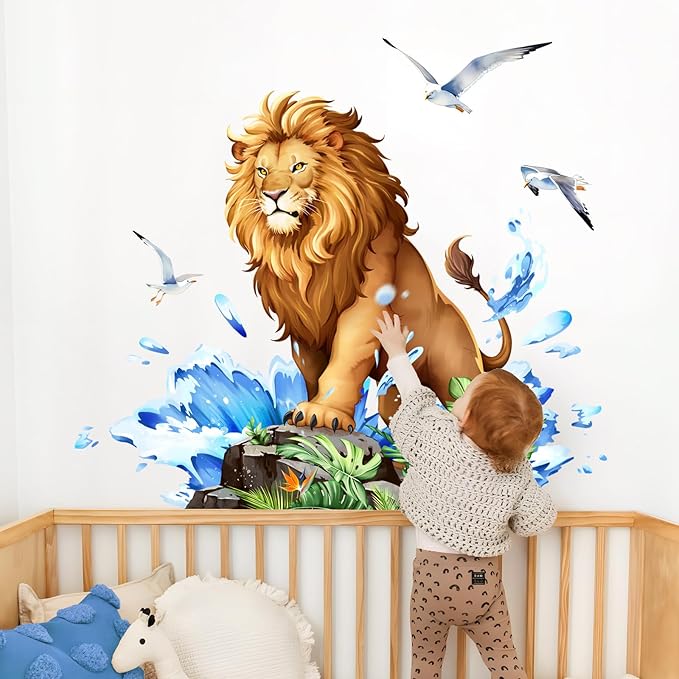Tanlaby Lion Wall Decals Jungle Animal Wall Sticker with Leaves Waves Seagulls Peel and Stick Tropical Safari Animals Art Decor for Baby Nursery Boy Kids Toddler Bedroom Playroom