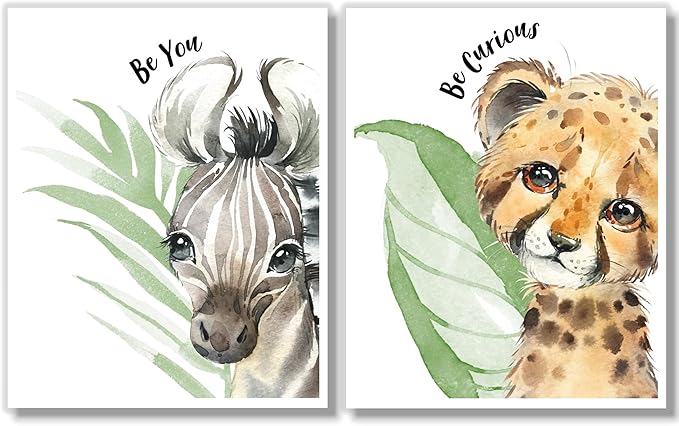 Baby Safari Animals Wall Art Prints - Nursery Decor - Set of 6-8x10 - Jungle Nursery Room Pictures for Baby Girl Boy Kids - Motivational Quotes - Watercolor - Unframed -