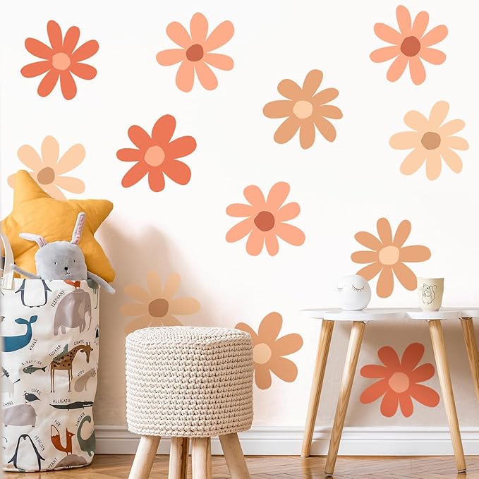 TaoBary 12 Sheets Daisy Wall Decal Flower Wall Sticker Cute Daisy Sticker Pink White Flower Decal Peel and Stick Floral Wallpaper for Nursery Bedroom Home Decor(Orange,Colorful Classic Style)