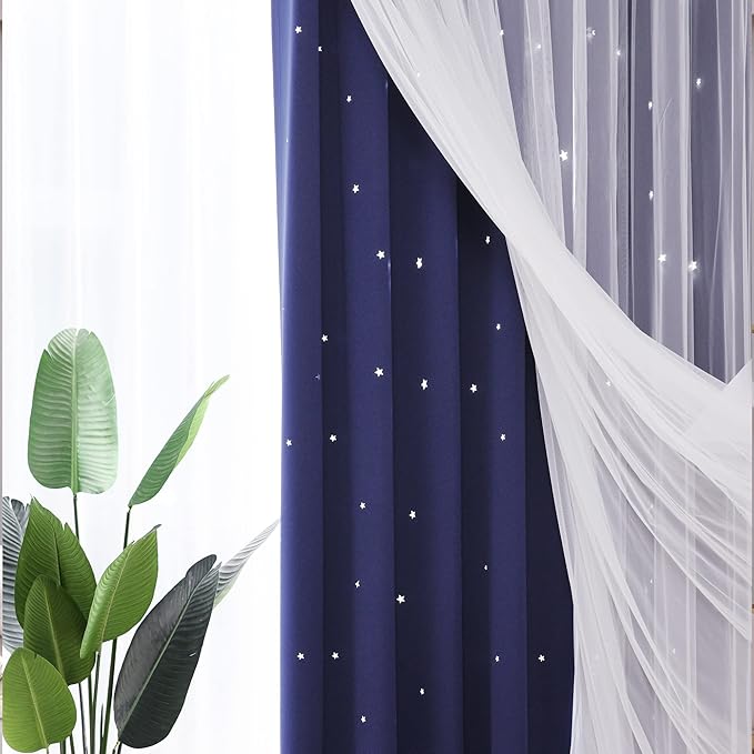 Kinryb Kids Star Cutout Curtains for Bedroom/Living Room/Classroom,2 Free Tiebacks Sheer Overlay 2 Panel Set, Double Layer Curtains for Kids Room(Each Piece W70xL84 Inches 2 Pcs Navy Blue)