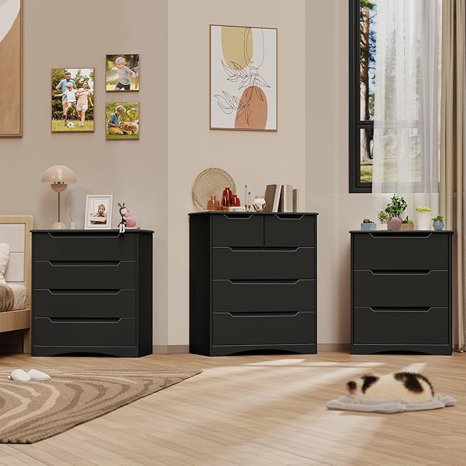 Gizoon 5 Drawers Chest, Black Dresser for Bedroom with Large Storage Capacity, Chest of Drawers with Embedded Handle, Sturdy Anti-Tripping Device for Hallway, Office, Living Room