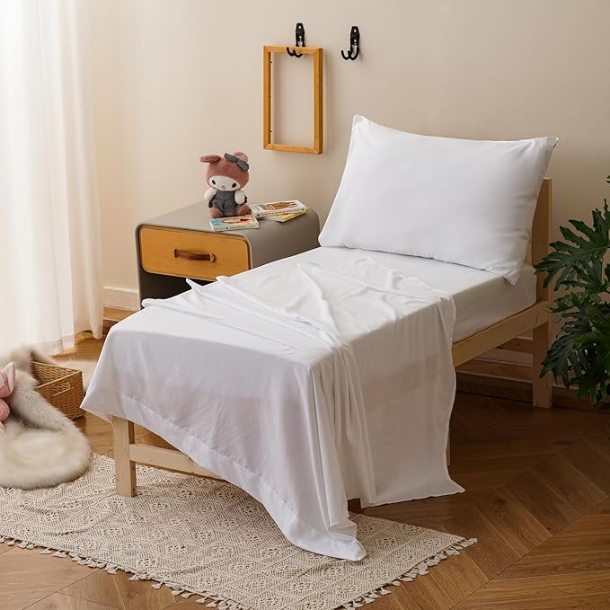 KAREVER White Toddler Bedding Set Solid White 4 Pieces Crib Bed Set Kids Pure Color Comforter Set