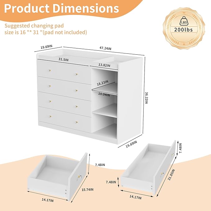 47.2" White Nursery Dresser with 5 Drawers and 3 Open Shelves Changing Table Dresser with Changing Table Top Diaper Changing Station with Storage for Nursery Children's Room