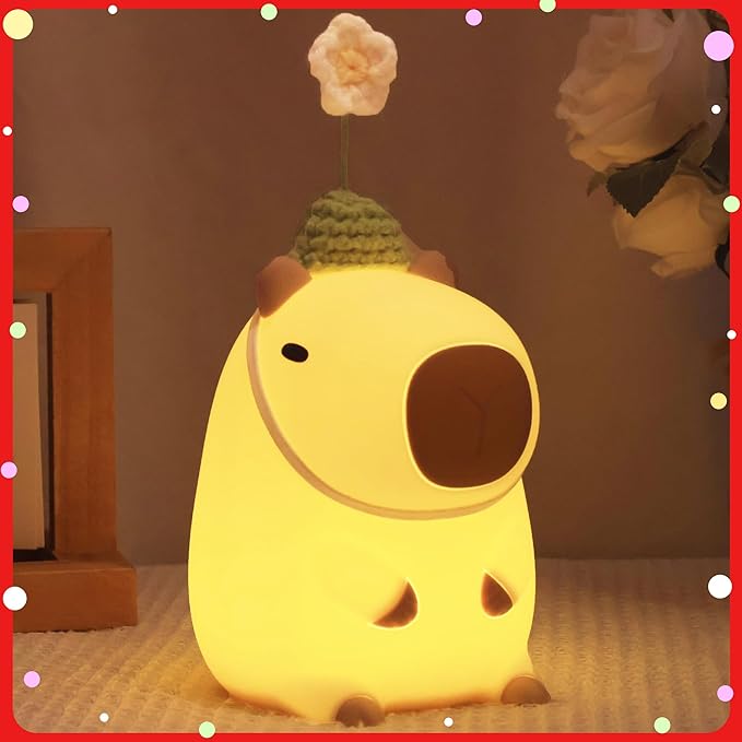 Cute Capybara Night Light, Squishy Animal Flower Lamp with Rechargeable Timer Dimmable, Nursery Nightlight Home Bedside Decor Birthday Christmas White Elephant Gift for Kids Women Friend