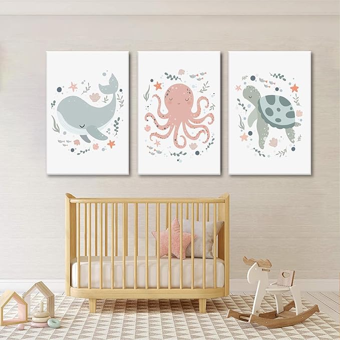 Wodkwq Ocean Nursery Decor, Set of 3 Boys Room Sea Animal Wall Art Picture Canvas Prints, 16x24in Framed