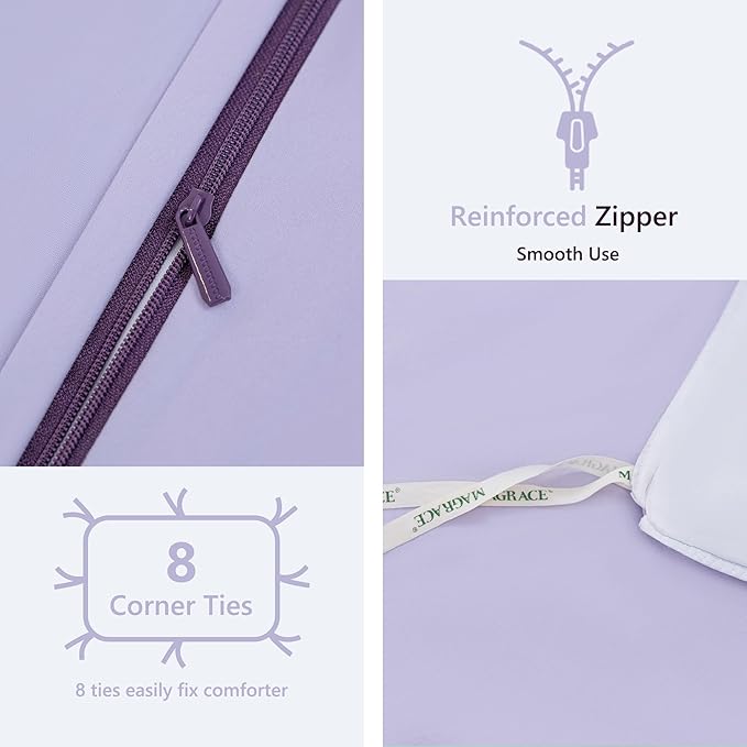MAGRACE Floral Duvet Cover Set King Size - 3 Piece Washed Fiber Bedding Set with Zipper Closure & Ties, Soft Purple Lavender Botanical Print Comforter Cover – Cozy Breathable Bedding for Women Girls