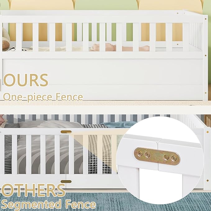 Bellemave Twin Floor Bed with Slats and High Fence, Twin Size Montessori Floor Beds with Door, No Box Spring Needed, Easy Assemble Montessori Bed Frame(White Twin)