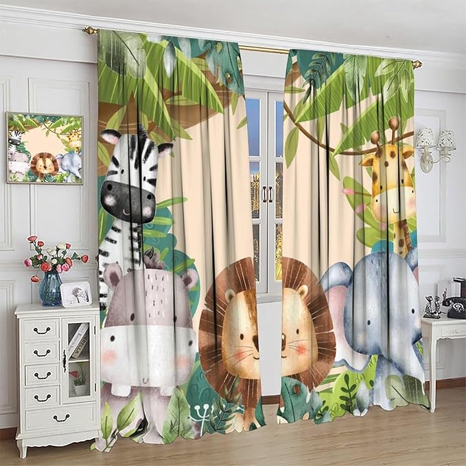 Jungle Animals Curtains Colorful Forest Cartoon Wildlife Lion Giraffe Elephant for Kids Boys Girls Nursery Bedroom Living Room Blackout Rod Pocket Decoration Window Drapes 2 Panels W31.5xL72in
