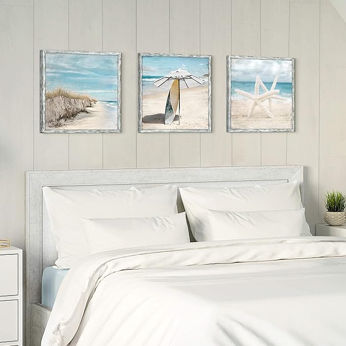 Beach Pictures Wooden Wall Art: Ocean Artwork Home Decor Set of 3 Seascape Pathway Surfboard Starfish Collection Prints for Bedroom Framed
