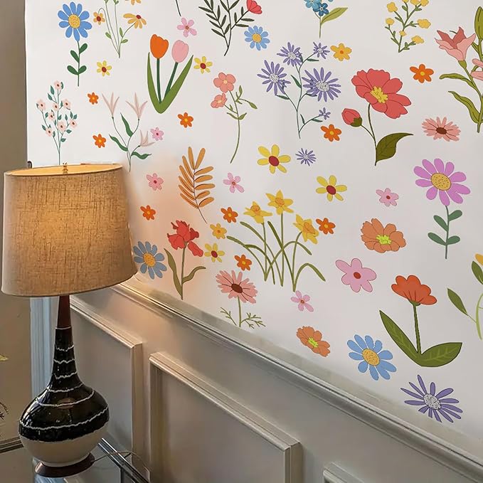 Boho Flower Wall Stickers Daisy Wildflower Wall Decals Leaf Floral Decor for Girls Bedroom Baby Nursery Kids Room Wall Decor