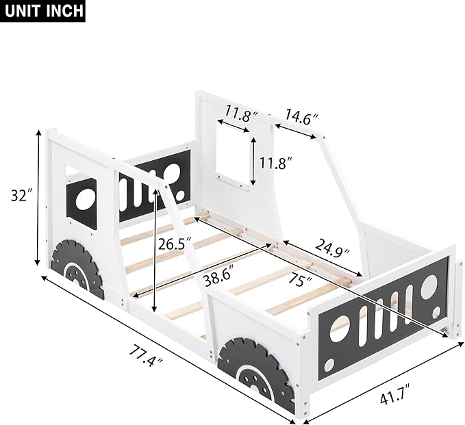 Merax Twin Size Classic Car-Shaped Platform Bed with Wheels, Wood Car Bed Frame for Boys, White